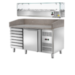 Banco pizza ventilato 1 porta con cassetti completo di vetrina ingredienti 1\4