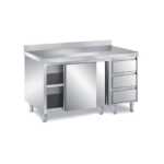 Tavolo armadiato in acciaio inox attrezzato cassettiera a destra profondità 60 con alzatina